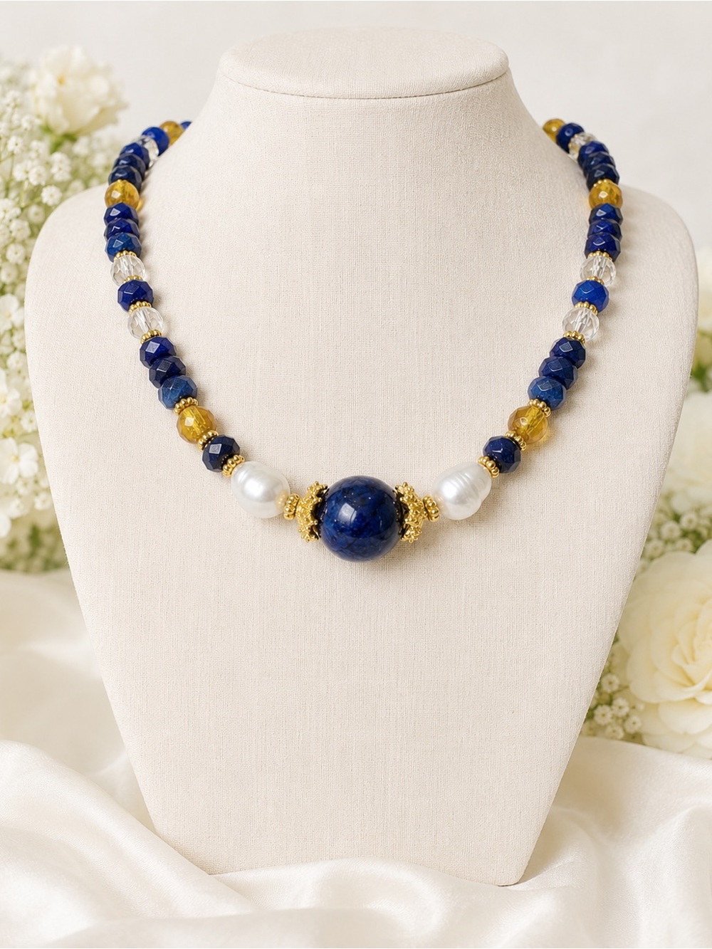 Lapis Lazuli, Baroque Pearls & Gold Murano Glass Beaded Statment Necklace 19.5”